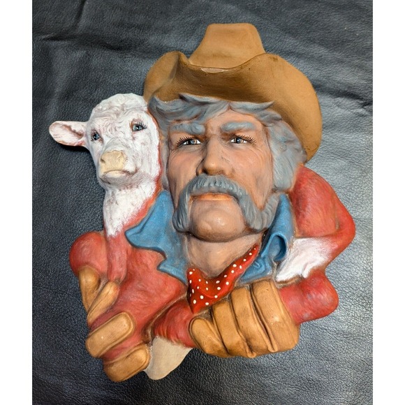 Cowboy Holding Calf Wall Hanging Hand-Painted Ceramic - Picture 2 of 9